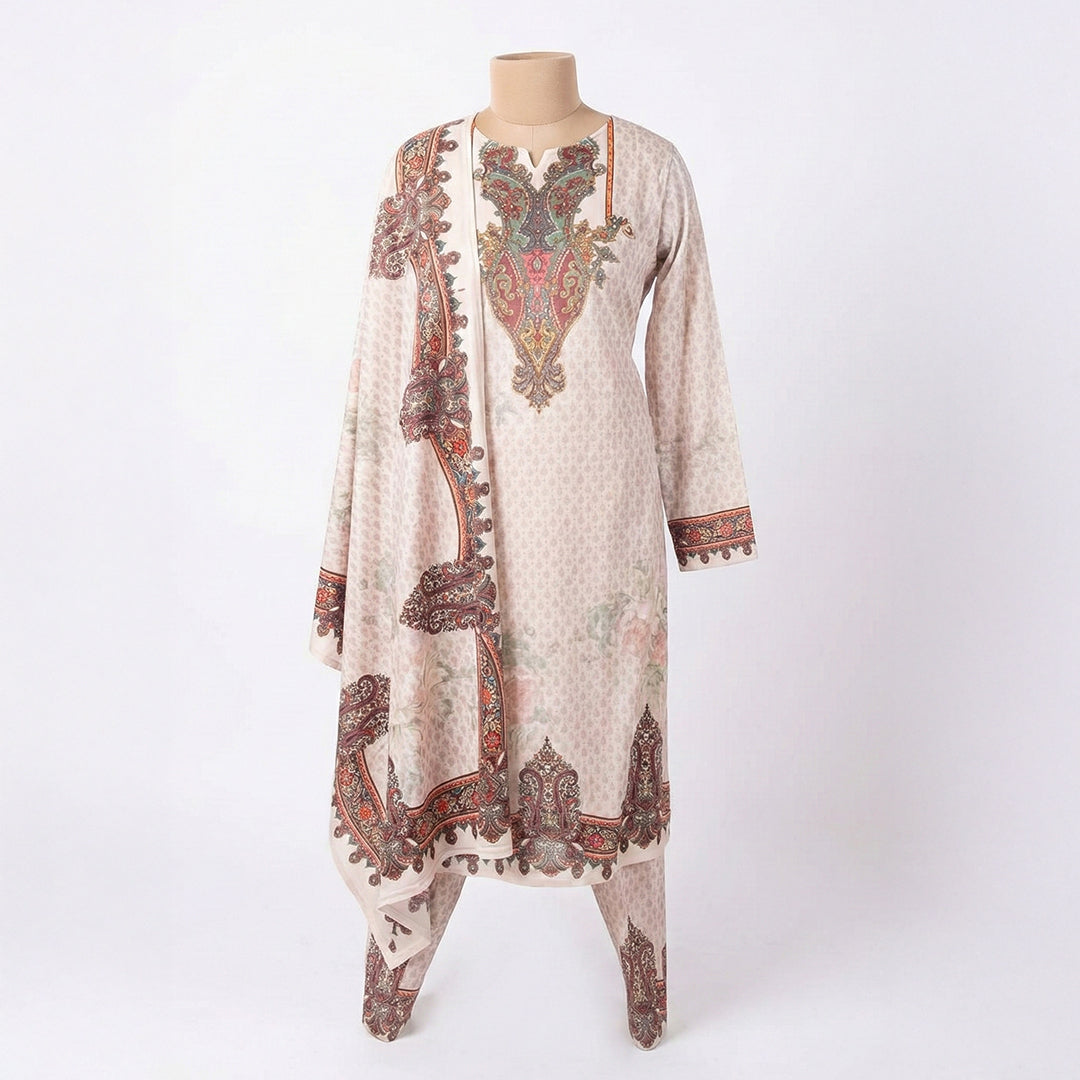 This lovely outfit is in a fresh white color. The kurta features a small pattern all over and a big, colorful traditional design on the neckline. It has long sleeves and comes with comfortable matching pants. The look is completed with a beautiful shawl (dupatta) that has a thick, matching printed border. This outfit is simple, elegant, and perfect for daily wear and casual outings.