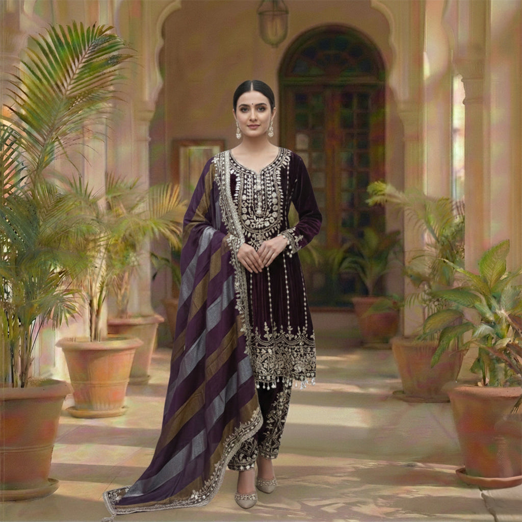 Exude royalty in this Deep Purple Micro-Velvet Kurta Set, a perfect choice for winter weddings. The rich velvet bodice is heavily embellished with authentic mirror work and Gota Patti embroidery, accented by elegant pearl-bead droplets. Paired with a contemporary multi-tonal striped dupatta, this ensemble seamlessly blends traditional opulence with modern styling for a truly elegand festive look.