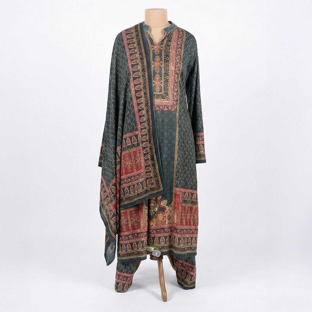 This traditional outfit is in a smart dark grey color. The kurta features a unique wavy line pattern all over and a detailed design on the neck in red and beige colors. It comes with matching pants and a beautiful shawl (dupatta) that has a rich, printed border. This outfit is elegant, comfortable, and perfect for office wear or casual winter days.