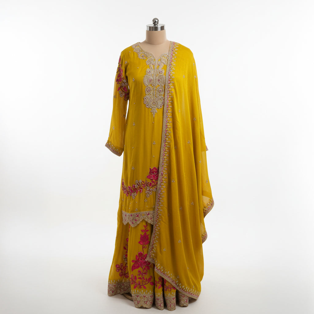 This bright and beautiful outfit comes in a cheerful yellow color with lovely pink and gold embroidery. The neckline and sleeves feature delicate handwork that adds a festive touch, while the floral designs bring in a pop of color and charm.

The flowy palazzo has matching embroidery and borders that complete the traditional look.

A soft yellow dupatta with a detailed edge ties the whole outfit together perfectly.&nbsp;Ideal for mehndi, haldi or festive celebrations, this outfit is vibrant, elegant and ful
